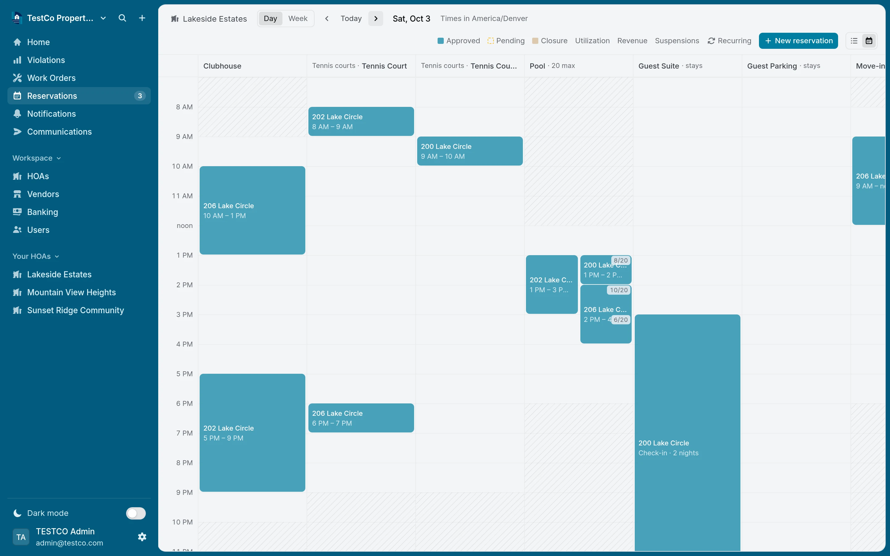 The reservations calendar for one day, with bookings across the clubhouse, tennis courts, pool, guest suite and elevator